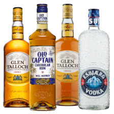 Old Captain Caribbean rum wit of bruin
fles à 700 ml, Glen Talloch Schotse whisky
of Esbjaerg vodka fles à 1000 ml